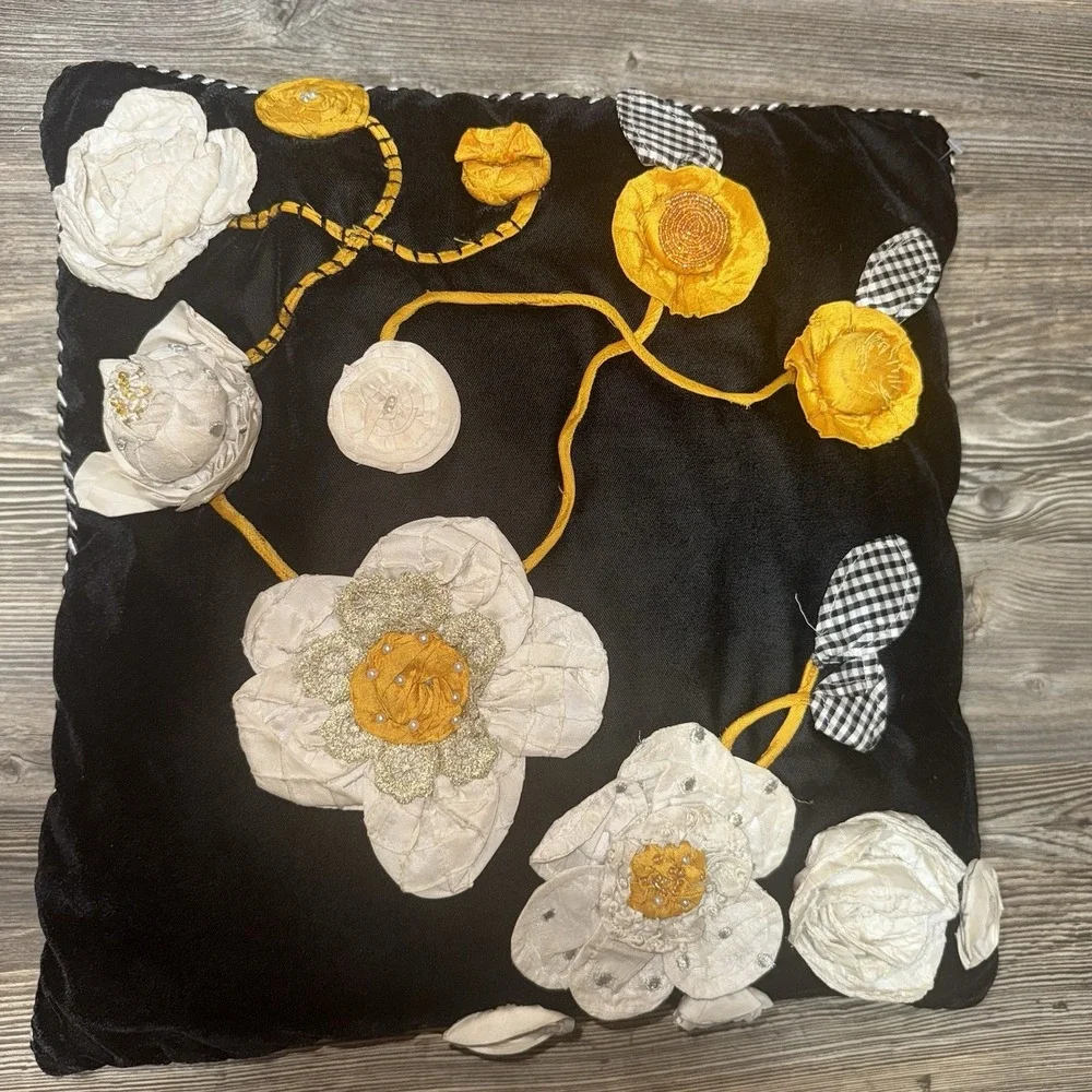 Mackenzie Childs Gardenia Square  Black Velvet Pillow, Raised Appliqué, 17 x 17